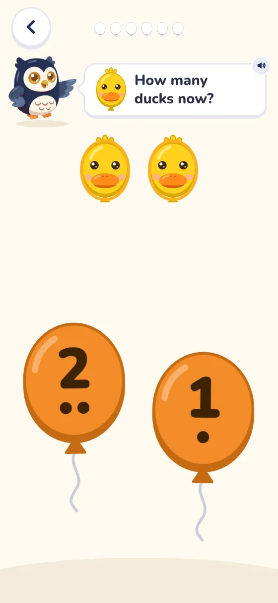 One more: Ollie asks How many ducks now? Two ducks sit above balloons marked 2 and 1.