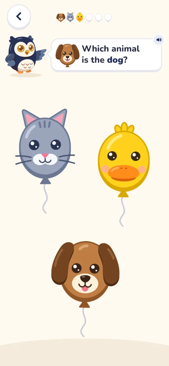 Animals: Ollie asks Which animal is the dog? A cat, a duck and a dog float below.
