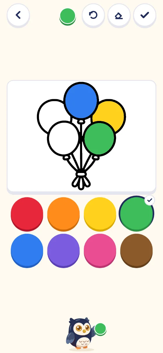 The Colour tab: a bunch of balloons, three coloured in blue, yellow and green, above a palette of colours.