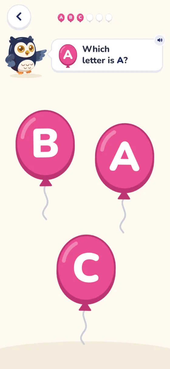 Letters: Ollie asks Which letter is A? Balloons show B, A and C.