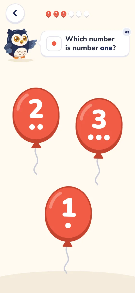 Numbers: Ollie asks Which number is number one? Balloons show 2, 3 and 1, each with that many dots.