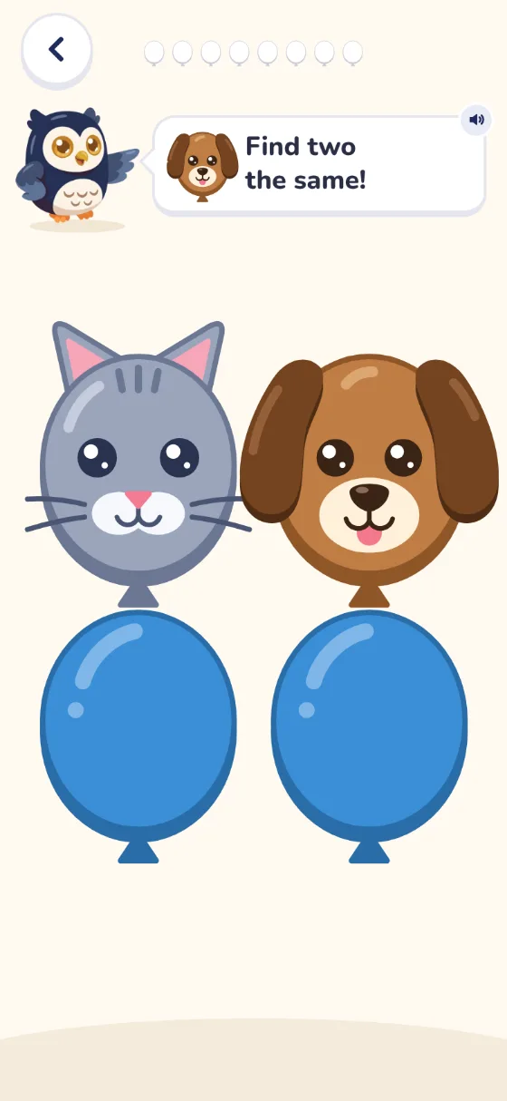 Pairs: Ollie says Find two the same! A cat card and a dog card are turned over, above two cards still face down.
