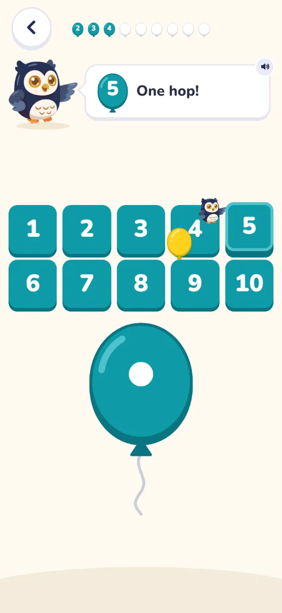 Number path: squares numbered 1 to 10. The spinner shows one dot, Ollie says One hop! and square 5 is lit.