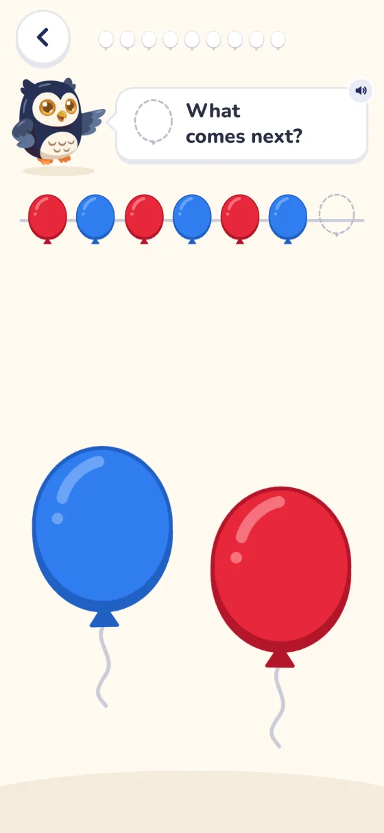 What comes next?: a row of balloons, red, blue, red, blue, red, blue, then a gap. A blue and a red balloon wait below.