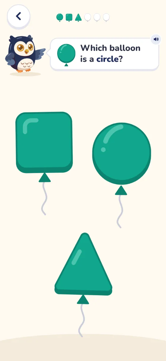 Shapes: Ollie asks Which balloon is a circle? A square, a circle and a triangle float below.
