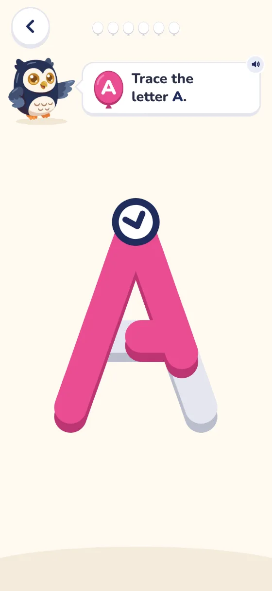 Trace letters: Ollie asks the child to trace the letter A. The first stroke is filled in and the second is half done.